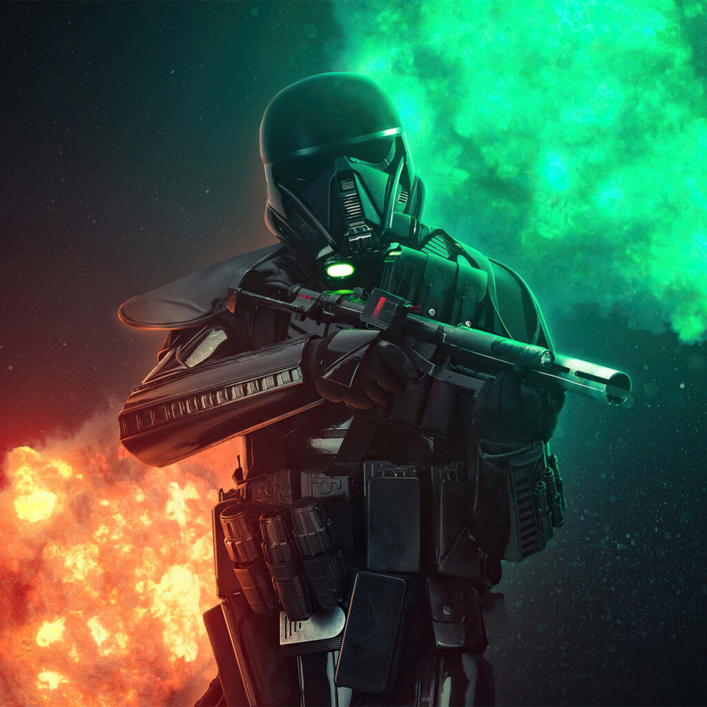 Star Wars Shadow Trooper Wallpaper: Epic Battle Pose & Vibrant Explosions