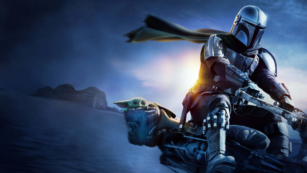 Dynamic Mandalorian & Grogu Motorcycle Wallpaper - Vivid Skyline Art