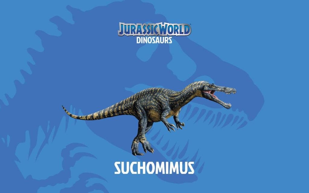 Dynamic Suchomimus Dinosaur Wallpaper with Bold Blue Background