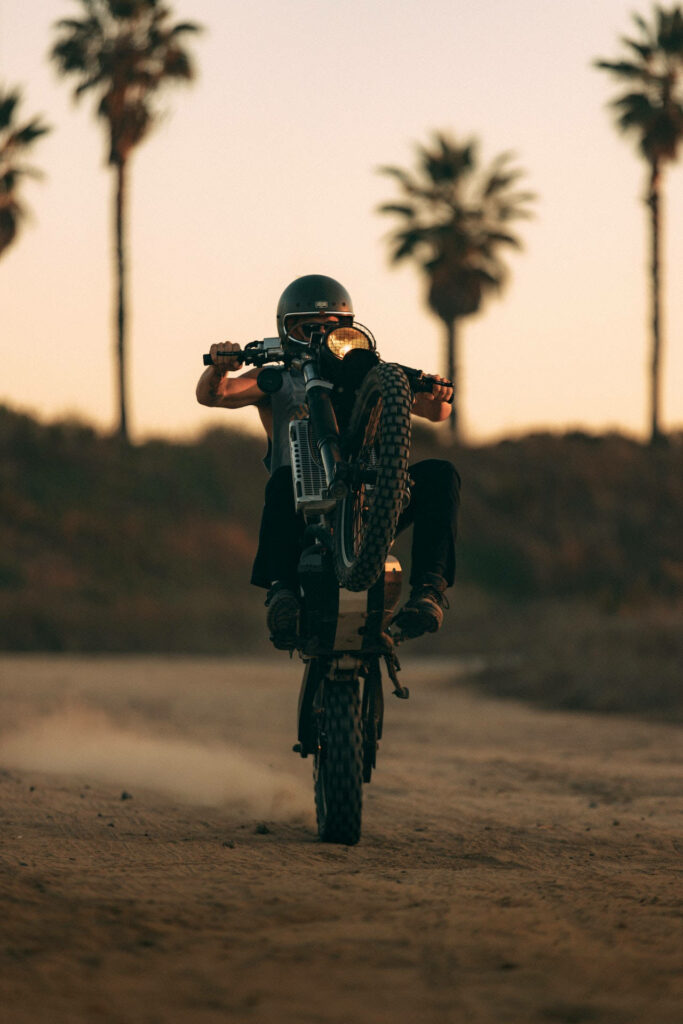 Sunset Bike Rider Wheelie Wallpaper with Palm Trees Background