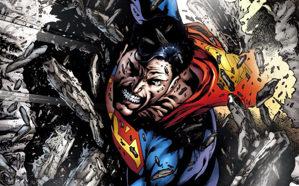 Superman Breaking Through Debris - Dynamic DC Wallpaper Background