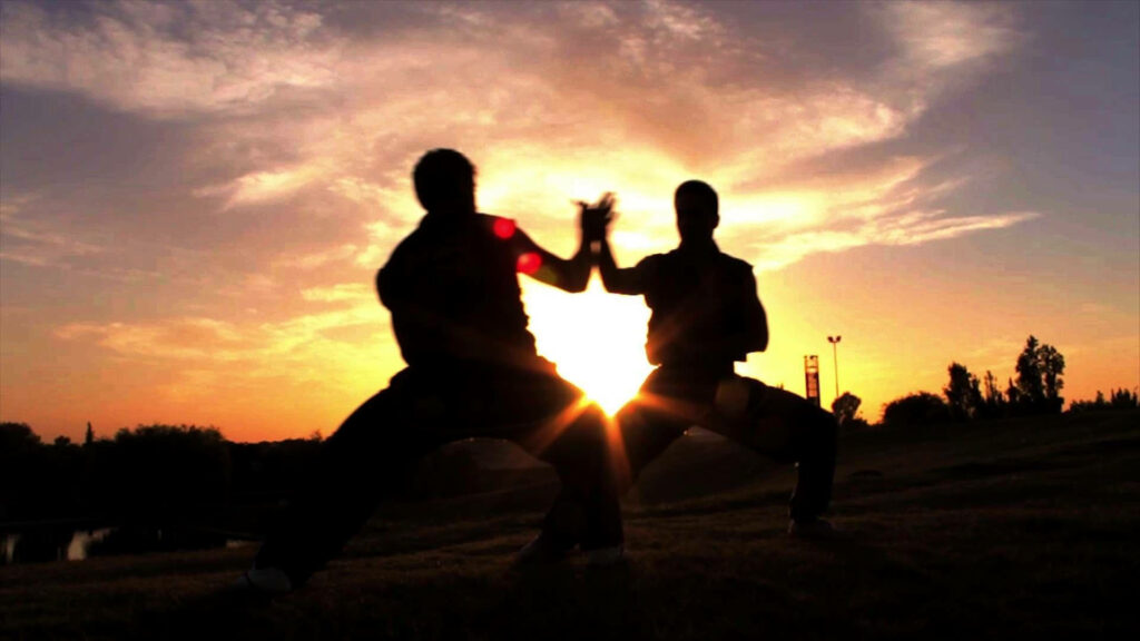 Dynamic Tai Chi Fighting Wallpaper: Silhouettes at Sunset