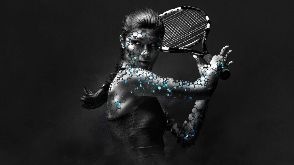 Dynamic Tennis Player Wallpaper with Glowing Abstract Patterns