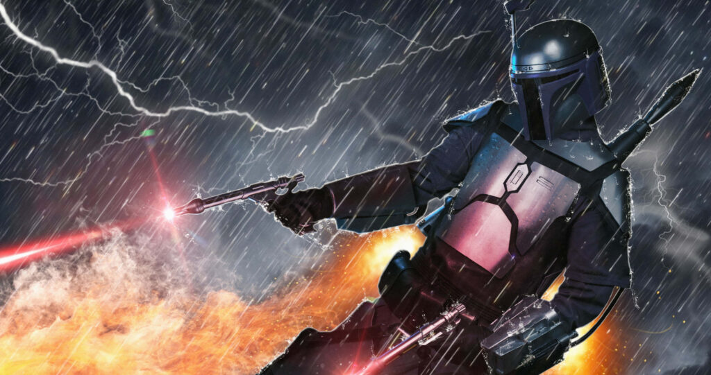 Epic The Mandalorian Action Wallpaper: Dual Blasters & Explosions