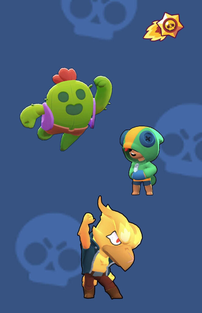 Game Characters Spike, Leon, and Crow Strike a Pose: Stunning Blue Background with Skull Patterns - Brawl Stars 4k Wallpaper