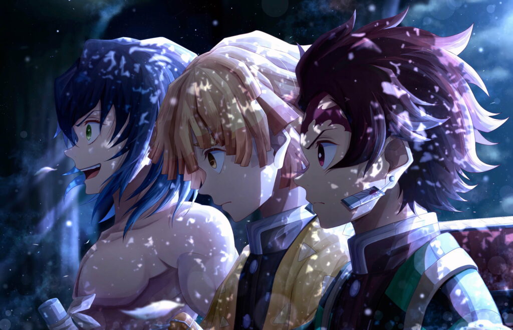 Dynamic Trio: Inosuke, Tanjiro, and Zenitsu - A Captivating Demon Slayer Wallpaper in QHD
