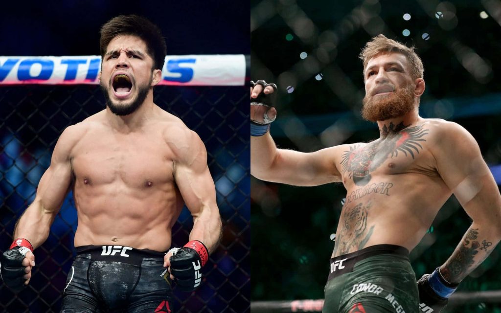 UFC wallpaper with Henry Cejudo and Conor McGregor in Octagon showing intense fight energy