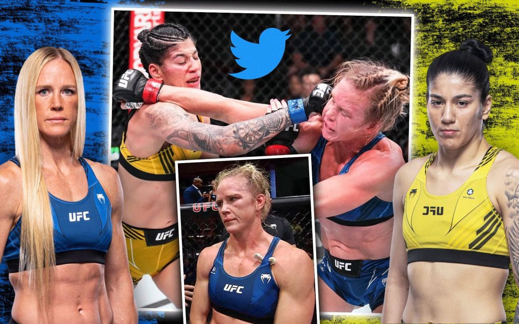 Dynamic UFC wallpaper of MMA fighters Holly Holm and Ketlen Vieira in action and portraits