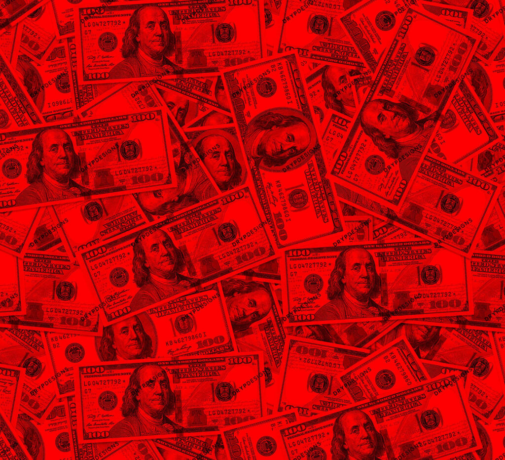 Dynamic collage of US hundred dollar bills with bold red overlay stylish money wallpaper background