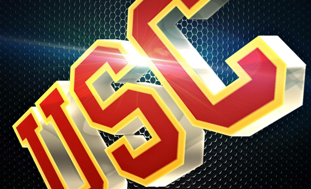 USC Logo 3D Wallpaper: Bold Red & Gold on Honeycomb Design