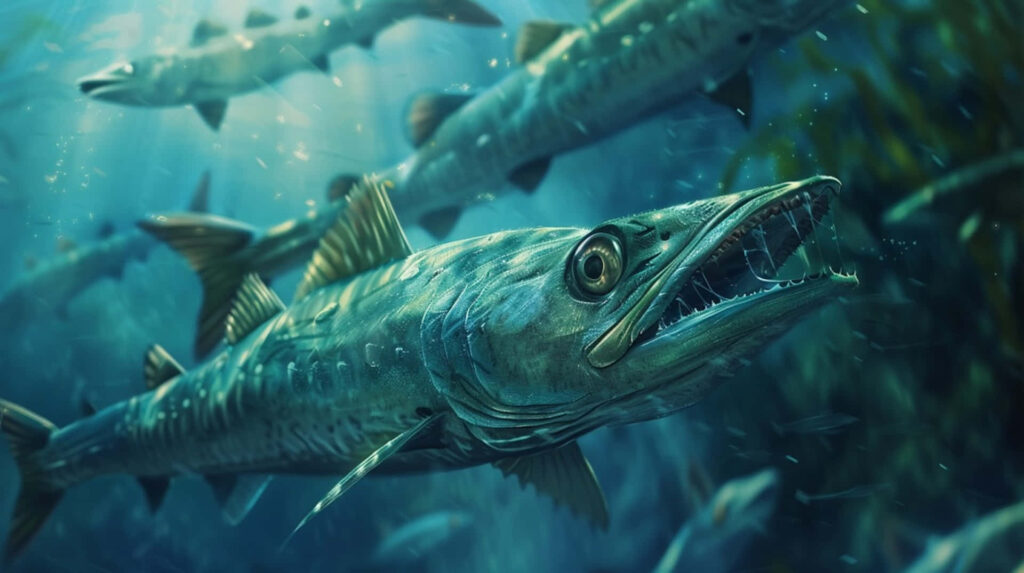 Underwater wallpaper with sleek barracudas swimming in ocean showcasing sharp teeth vivid detail