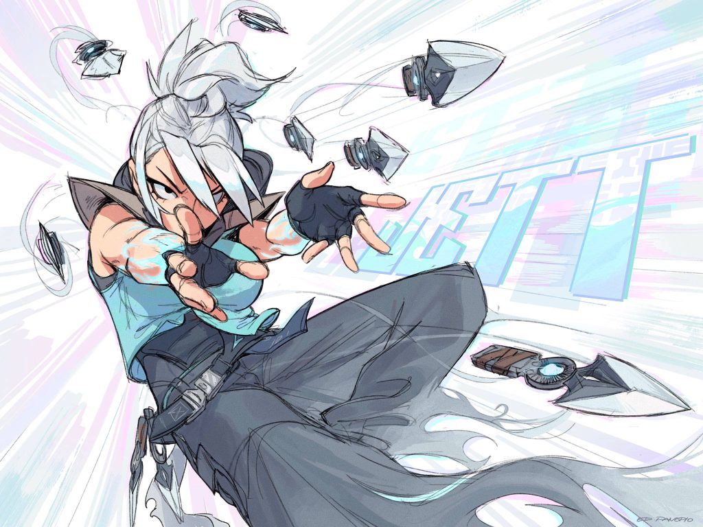 Valorant Jett Blade Storm ultimate digital art with floating kunai and dynamic speed lines wallpaper