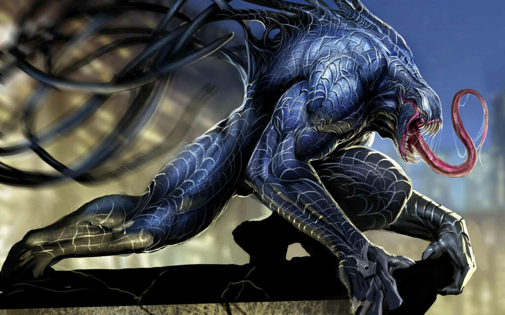 Venom Dynamic Wallpaper: Iconic Black Suit & Web Details in Cityscape