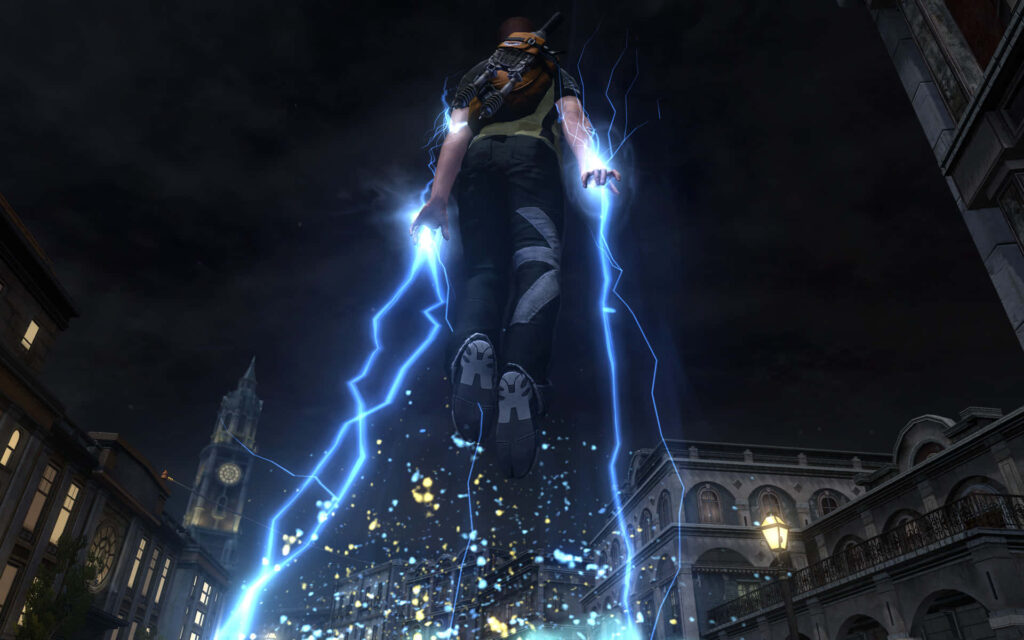 Electrifying Wallpaper: Man Floating with Lightning in Dark Urban Scene