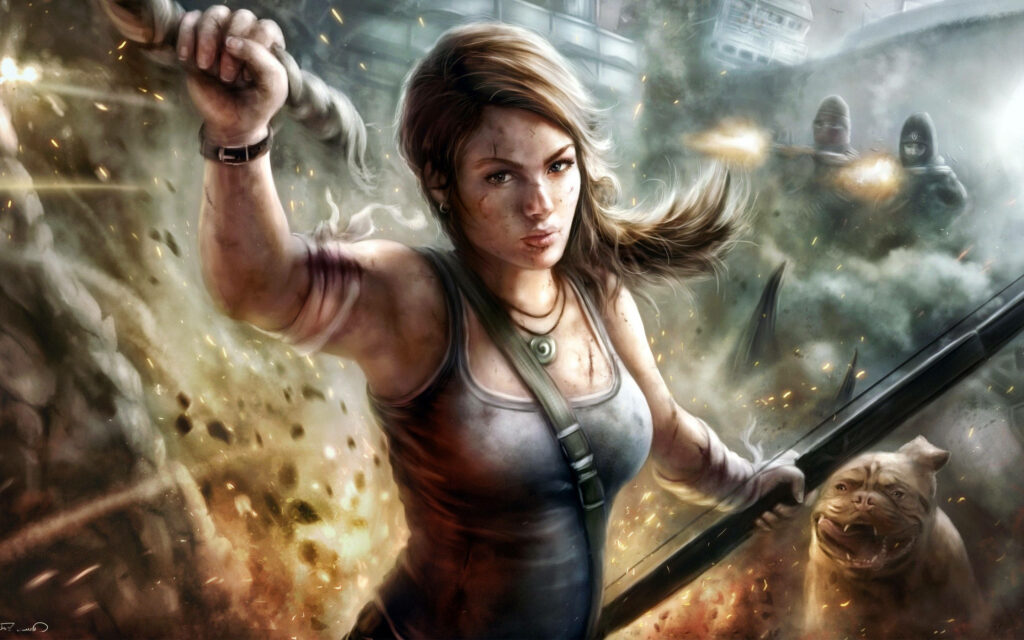 Dynamic Wallpaper: Powerful Female Action Hero in Explosive Chaos