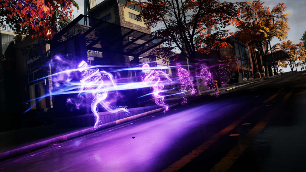 Vibrant Urban Wallpaper: Glowing Figures with Blue & Purple Energy Trails
