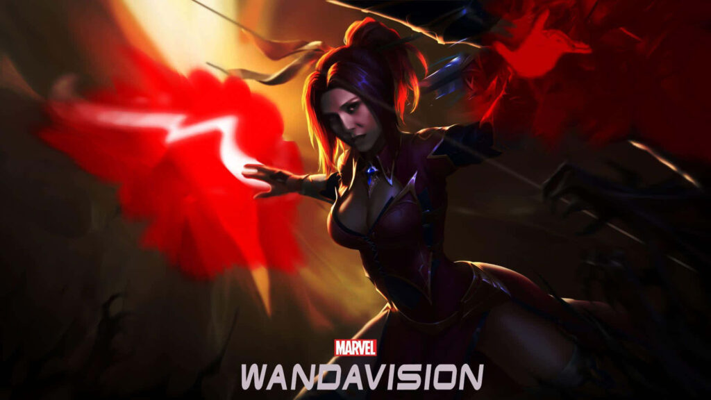 Vibrant WandaVision Wallpaper: Glowing Red Energy Pose Background