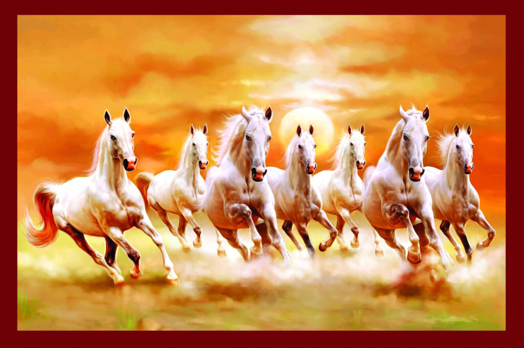 Dynamic Wallpaper of Seven Galloping White Horses with Red Border