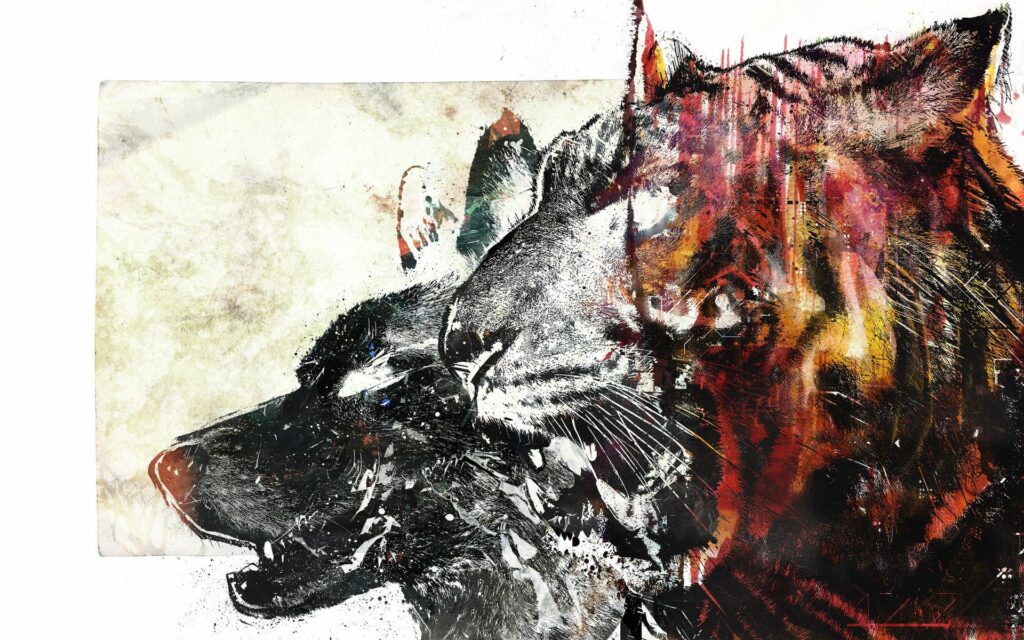 Dynamic Wolf and Tiger Wallpaper: Bold Contrast Art on Neutral Background