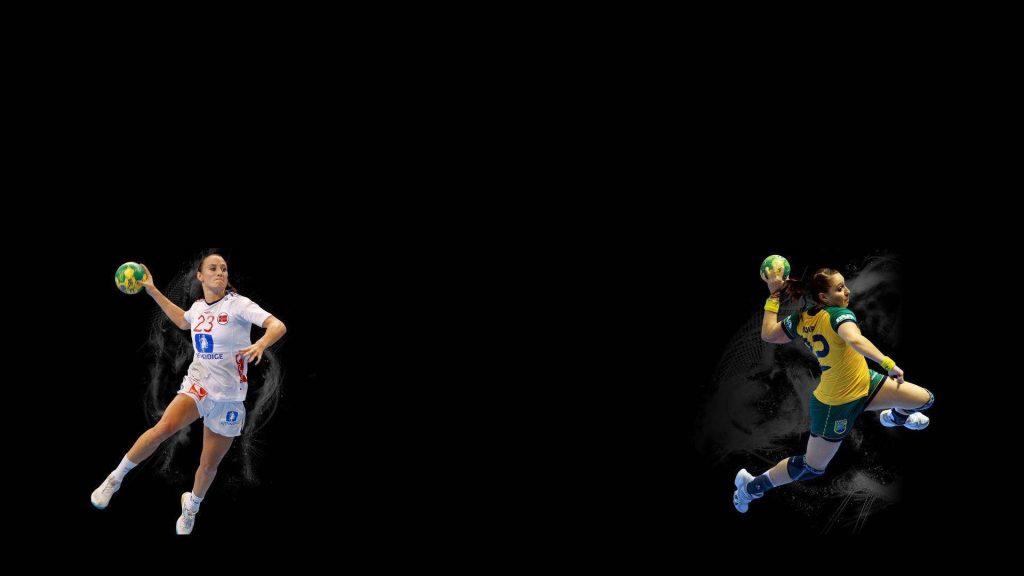 Dynamic women handball players mid-air action Norway white Brazil yellow green background Wallpaper