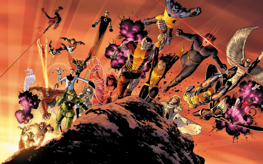 Epic X-Men Action Wallpaper: Heroes Charge Forward in Vibrant Scene