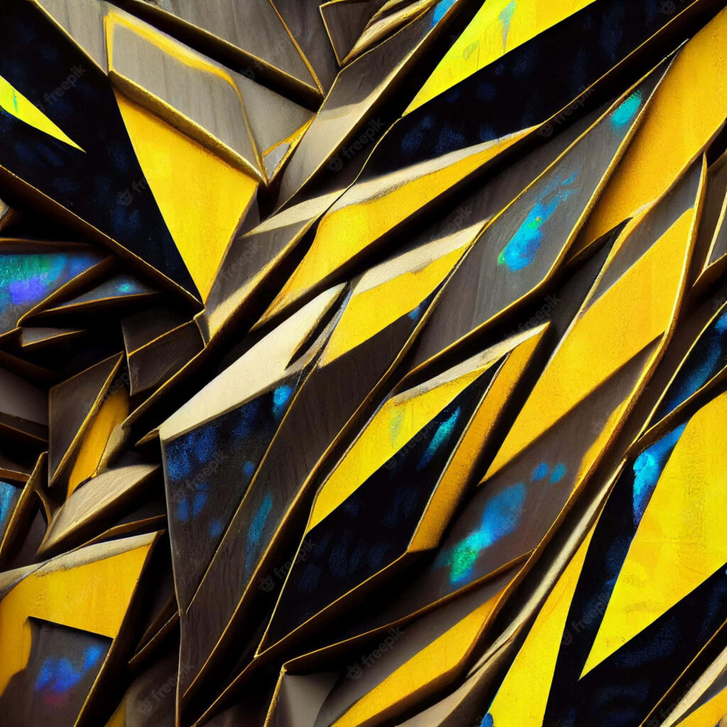 Dynamic Yellow and Black Abstract Wallpaper with Blue Accents
