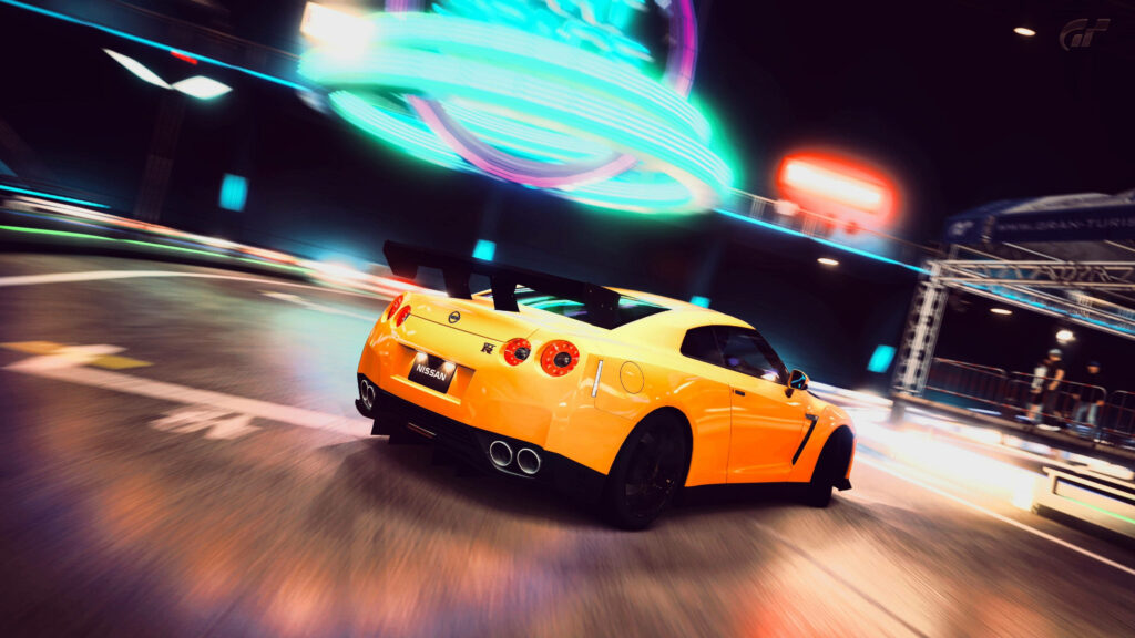 Dynamic Wallpaper: Yellow Nissan GTR in Motion on Urban Road