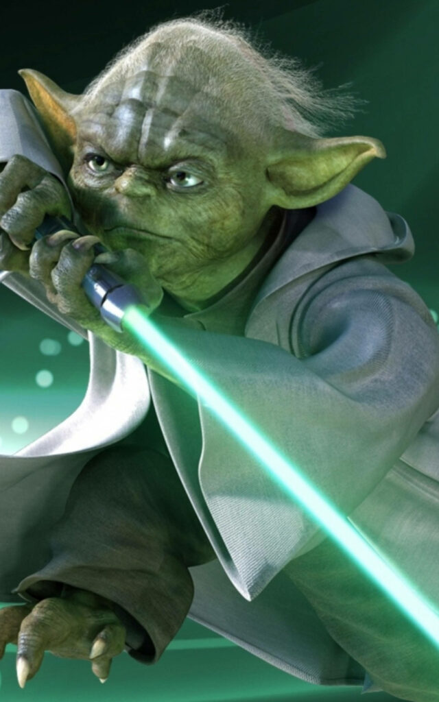 Dynamic Yoda Tablet Wallpaper: Jedi Master with Green Lightsaber Action