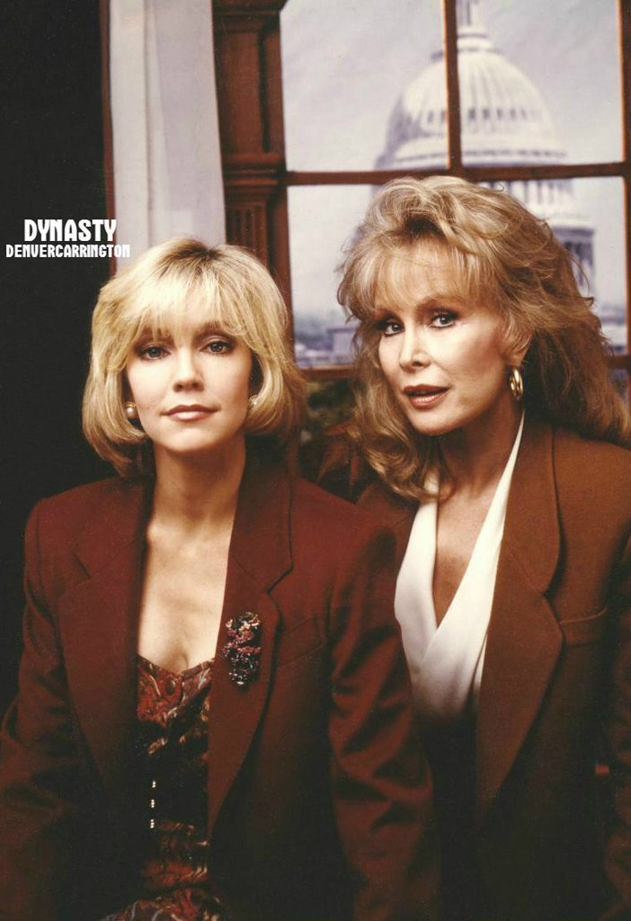 Dynasty wallpaper with Heather Locklear and Linda Evans in 80s business attire by window
