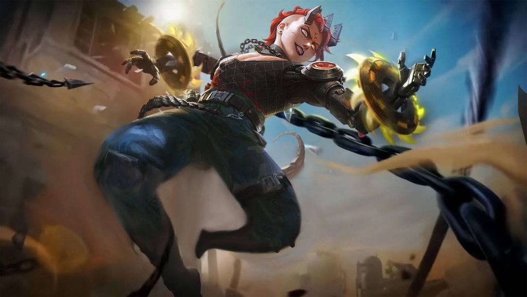 Dyrroth Mobile Legends wallpaper fierce pose with spinning gears warm dusty lighting background