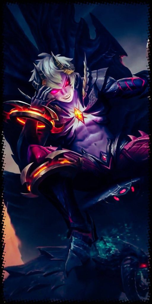 Dyrroth Mobile Legends wallpaper showing fiery armor white hair and glowing red eyes intense portrait