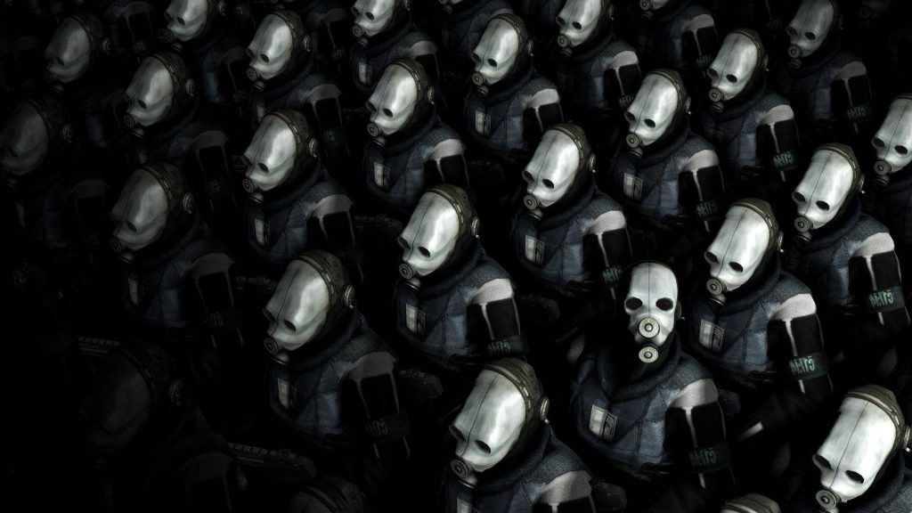 Dystopian Half-Life wallpaper with menacing Civil Protection officers in dark blue uniforms