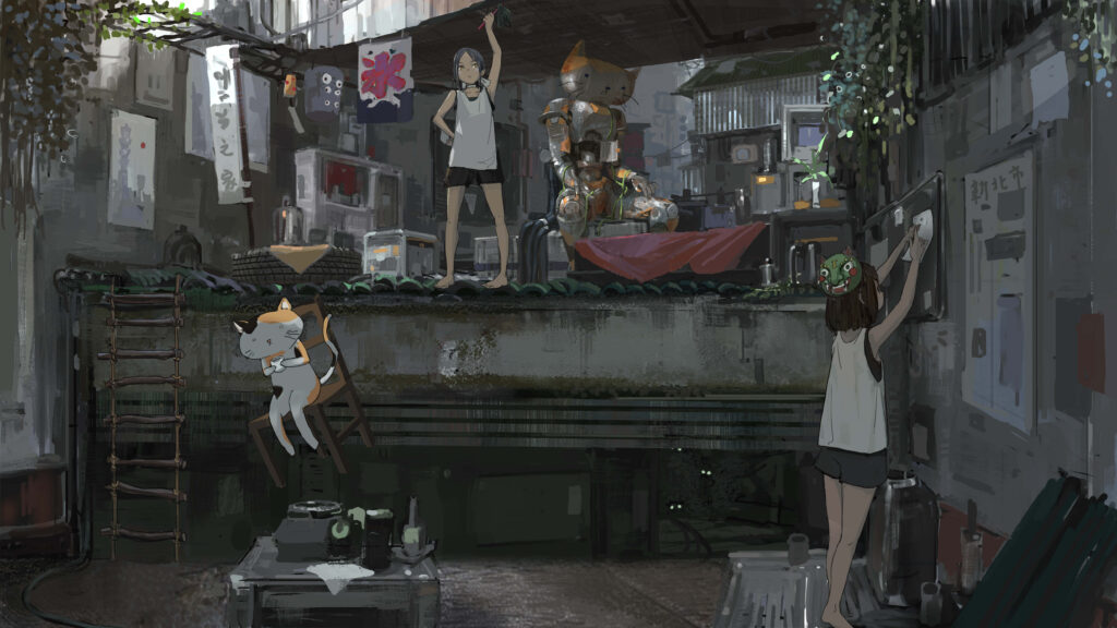 Lively Dystopian Wallpaper: Robot & Dog Clean a Cluttered Interior