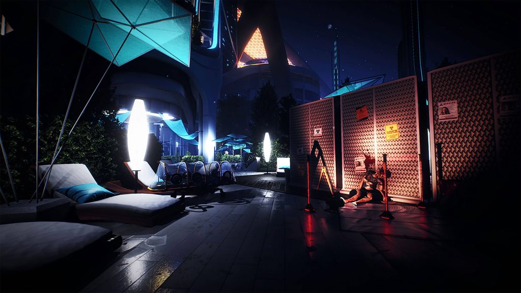 Dystopian urban night terrace 3D digital art with glowing lights and lone figure gaming wallpaper