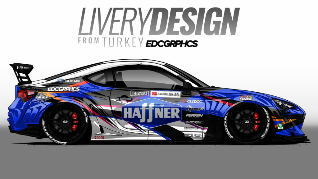 Digital render of Subaru BRZ with wide-body kit Varis wing custom blue black Haffner livery Wallpaper