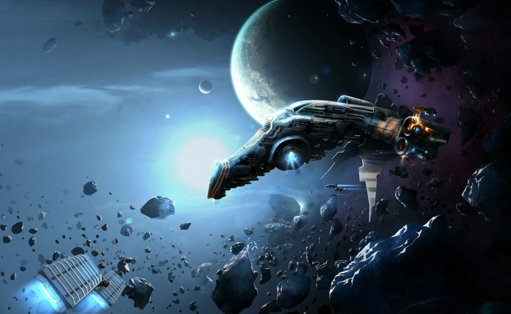 Futuristic EVE Online spaceship navigating dense asteroid field with planets and radiant star Wallpaper