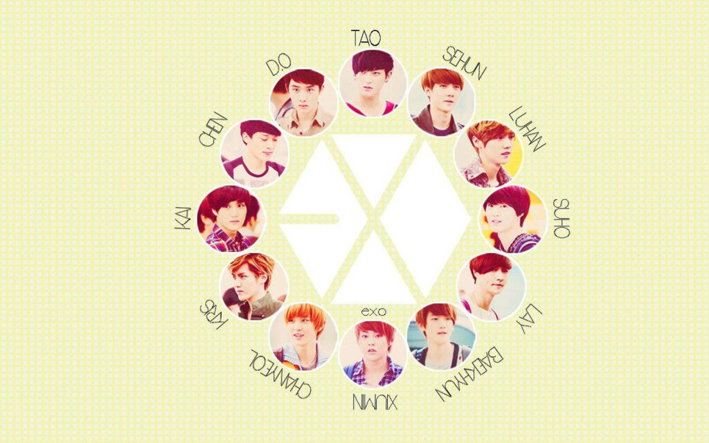 Vibrant EXO Logo Desktop Wallpaper with Member Images on Yellow