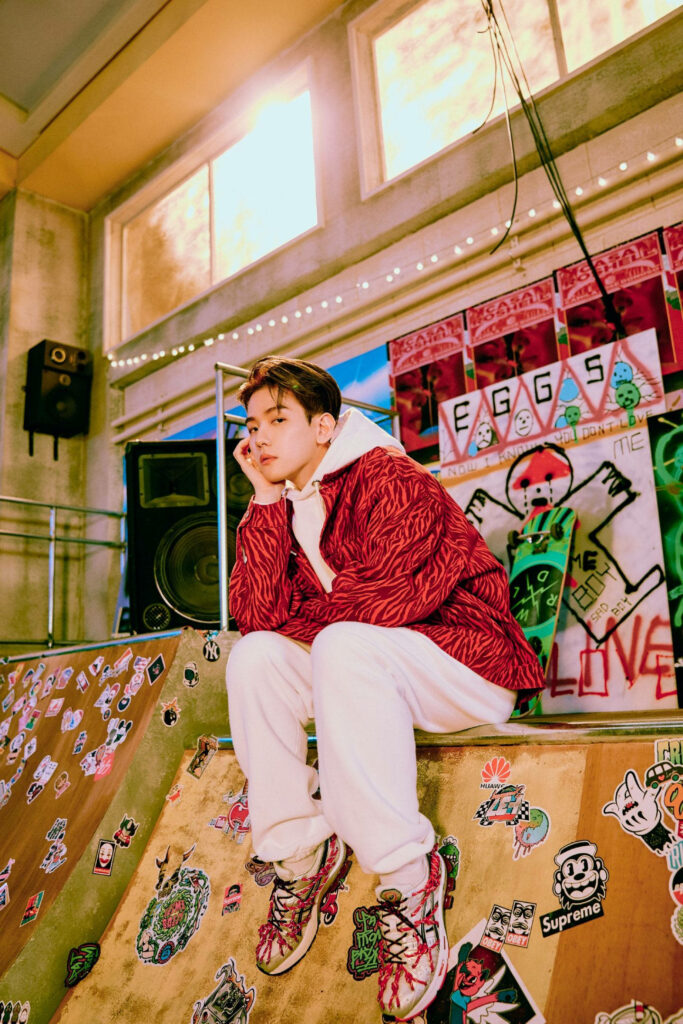 Cool K-POP Wallpaper: Baekhyun on Skate Ramp in Trendy Red Jacket