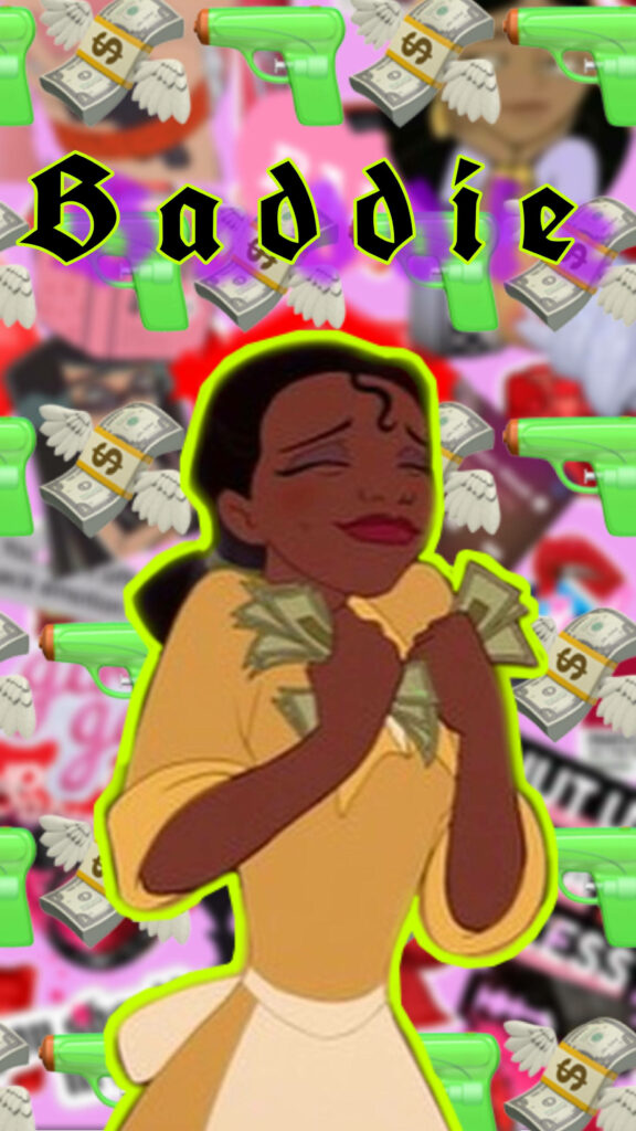 Princess Tiana bold baddie transformation holding cash vibrant dollar bill wallpaper background