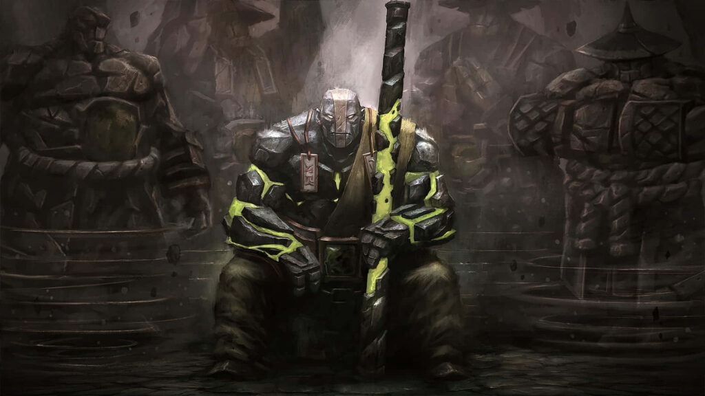 Unyielding Guardian: Earth Spirit's Mighty Pose amidst Stone Sentinels Wallpaper