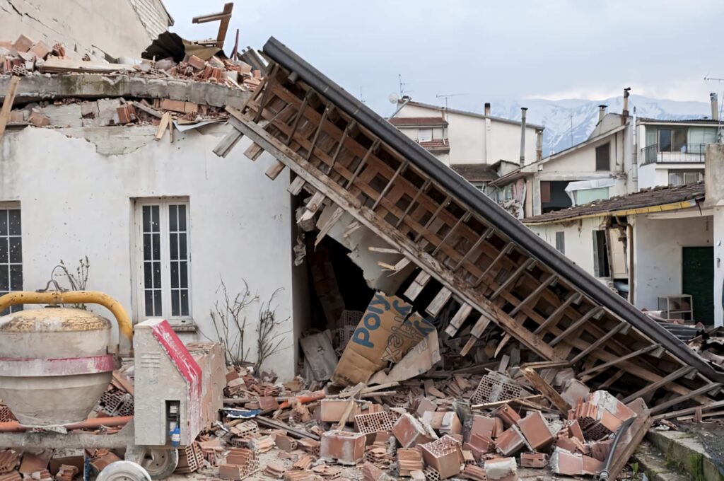 Earthquake aftermath with collapsed roof shattered building rubble urban destruction wallpaper