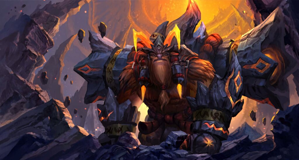 Earthshaker powerful stone warrior in shattered landscape glowing with golden light fantasy wallpaper
