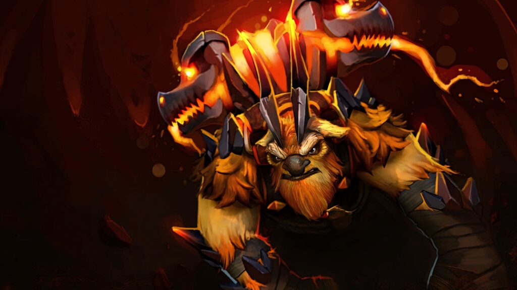 Earthshaker from Dota 2 with glowing fiery totem in dark molten digital art wallpaper background