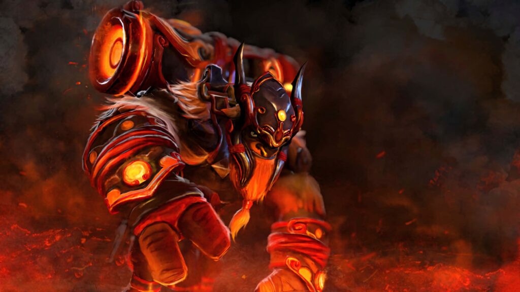 Earthshaker Dota 2 hero glowing molten fiery smoky background digital art wallpaper intense strength