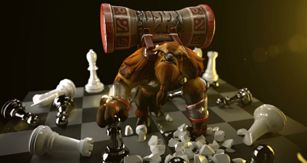 Earthshaker Dota 2 powerful stance on shattered chessboard with massive totem dynamic action wallpaper
