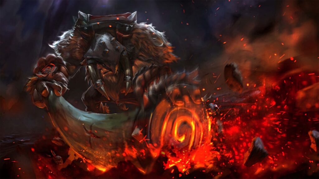 Earthshaker Dota 2 hero powerful battle stance breaking ground with fiery totem energy wallpaper