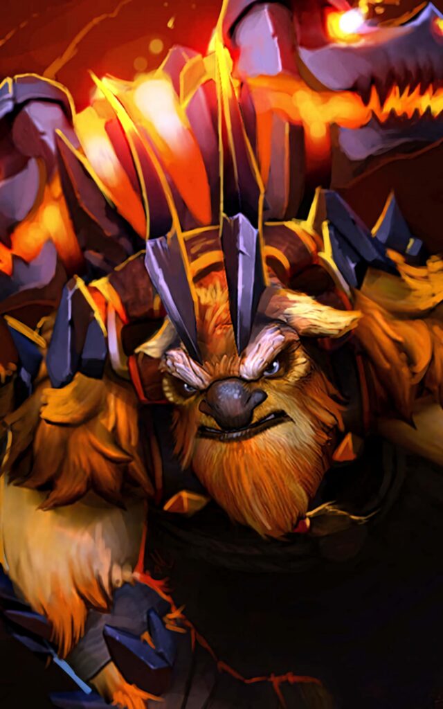 Earthshaker Dota 2 dynamic wallpaper vibrant orange fiery red tones powerful stone armor