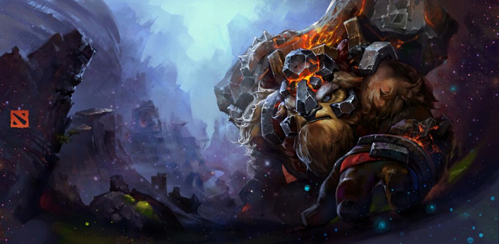 Earthshaker from Dota 2 in dynamic action pose with shattered rocks and glowing energy wallpaper