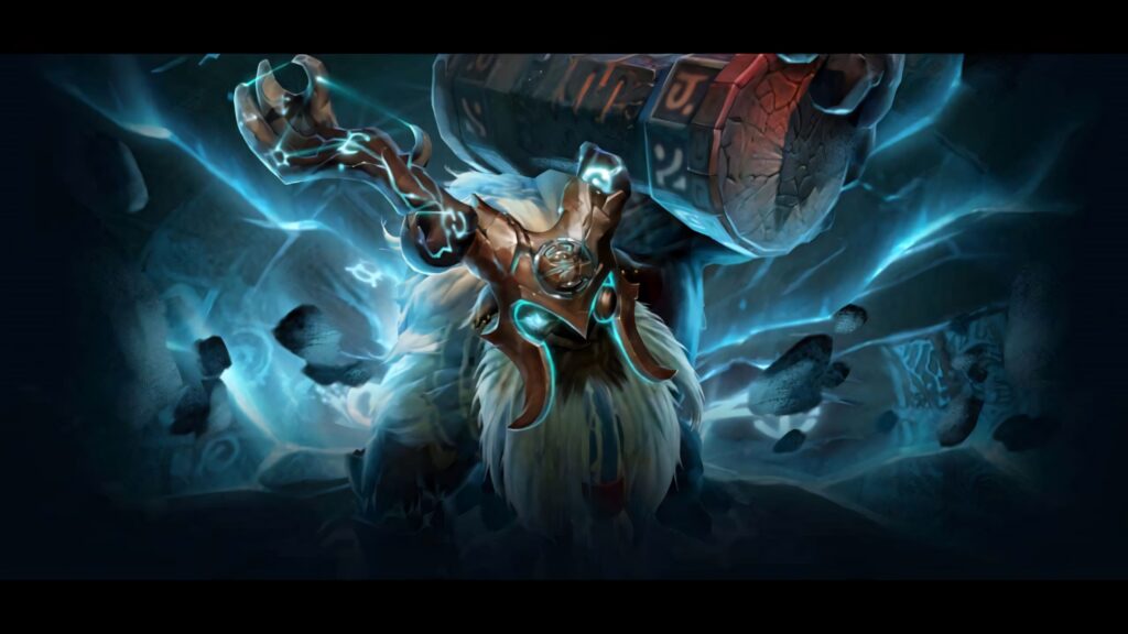 Earthshaker Dota 2 unleashing power with glowing runes and crackling blue energy wallpaper