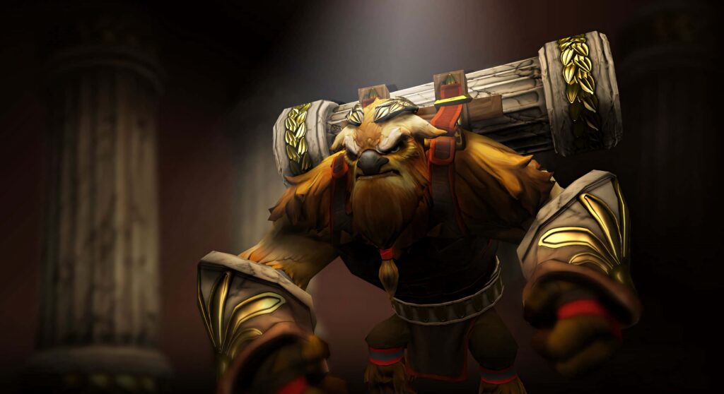 Earthshaker from Dota 2 unleashing powerful shockwave with detailed armor and ancient pillars background Wallpaper